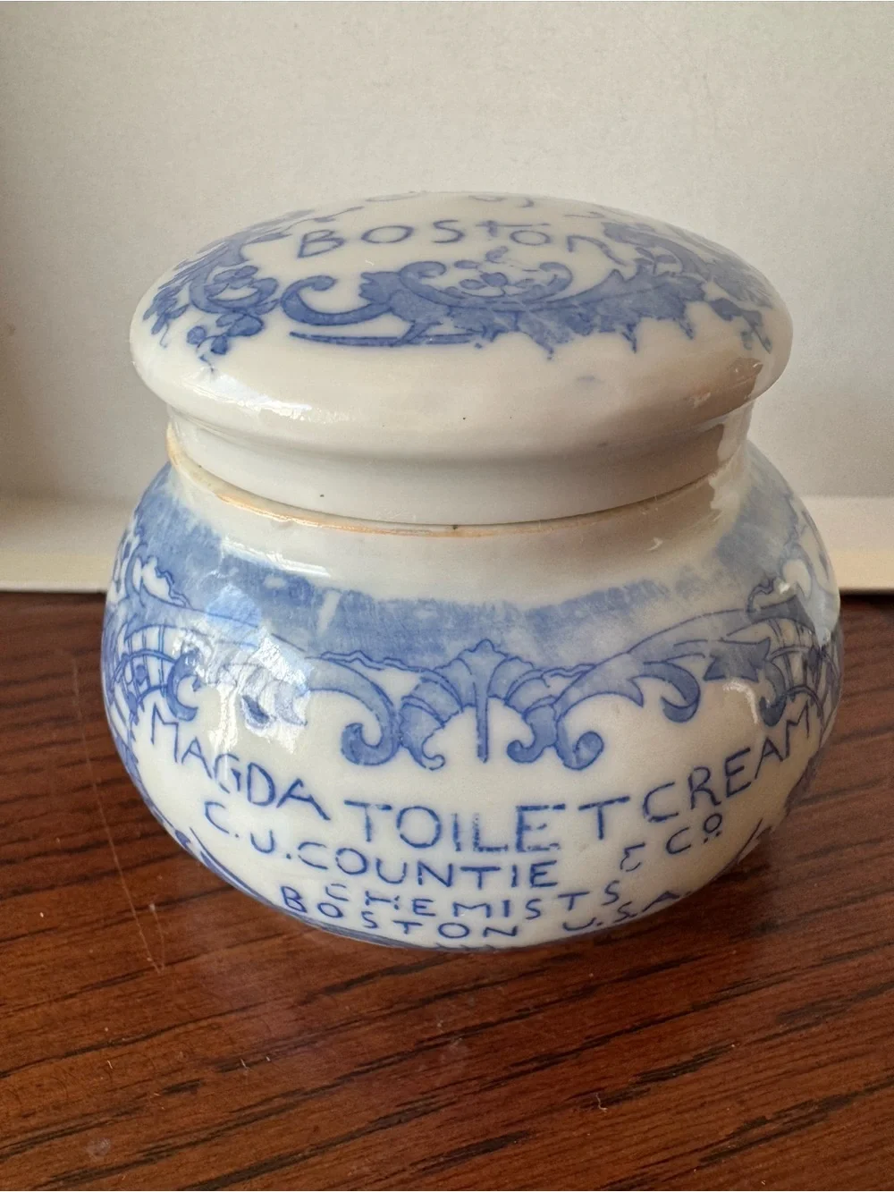 Antique Cobalt Blue Countie of Boston Magda Toilet Porcelain Cream Jar Pot Lid